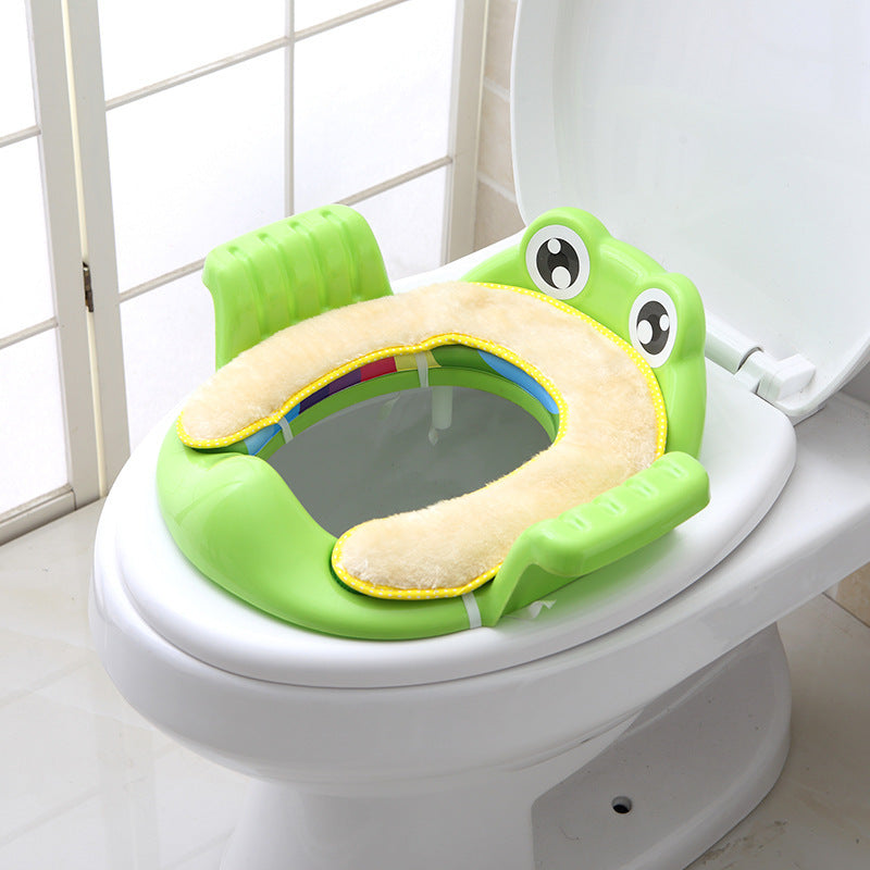 Baby Children Toilet Seat Toilet for toddlers with frog design, soft surface, and adjustable non-slip pads.