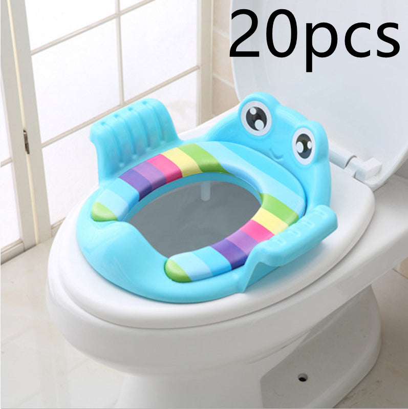 Baby Children Toilet Seat Toilet in a blue frog design on a toilet, featuring colorful stripes and a playful look.