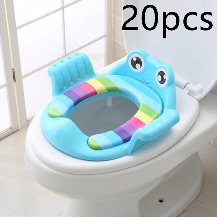 Baby Children Toilet Seat Toilet in a blue frog design on a toilet, featuring colorful stripes and a playful look.